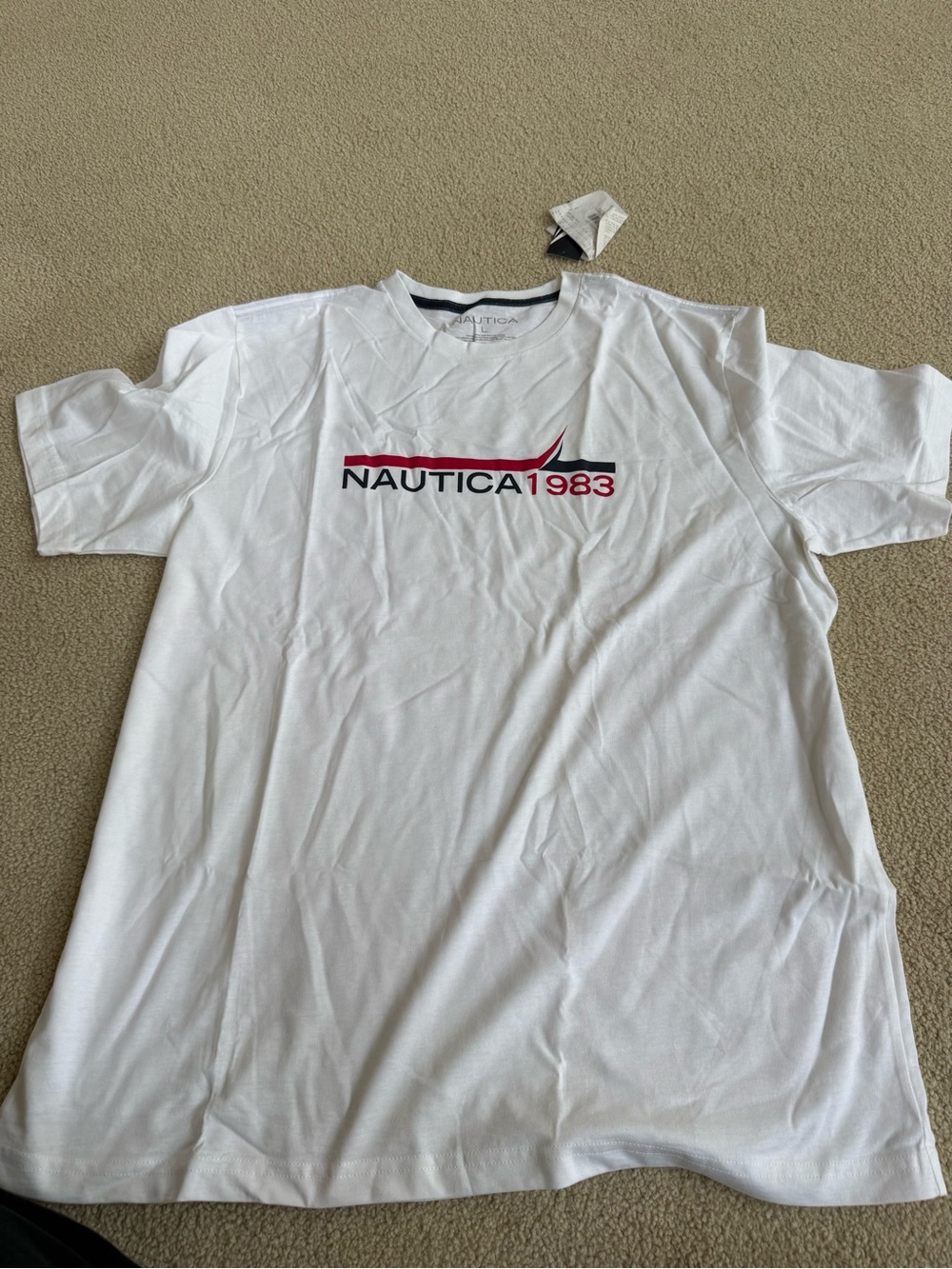 Nautica White Short Sleeve Logo Tee with Red Accent